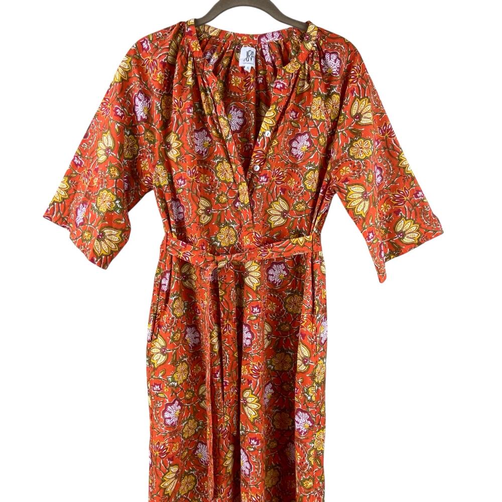 dRA Anthropologie Floral Midi Dress Size S Orange Shift With Belt Beach Resort